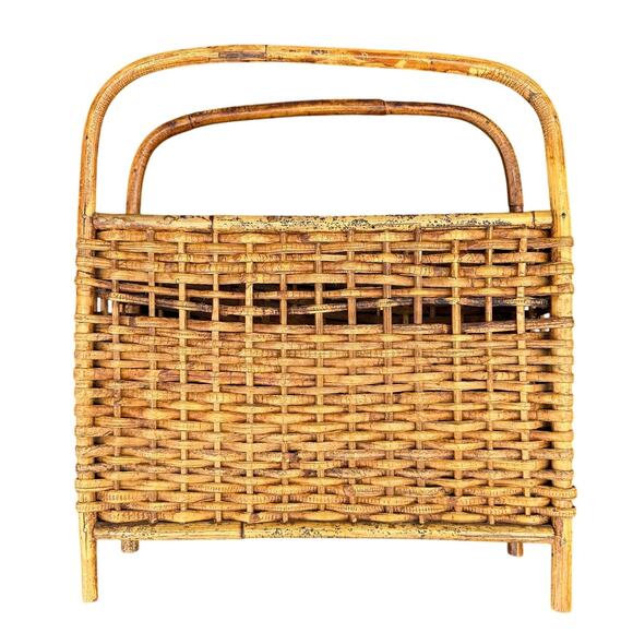 Vintage Bamboo Rattan Magazine Rack Mid Century Boho Woven Holder - Picture 5 of 6